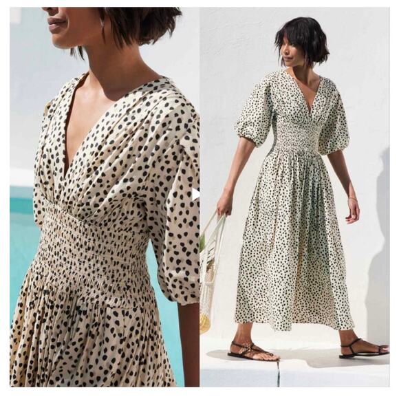 AYR The Extra Extra Smocked Midi Dress Size Medium Spot Animal Print Puff Sleeve - Picture 14 of 14